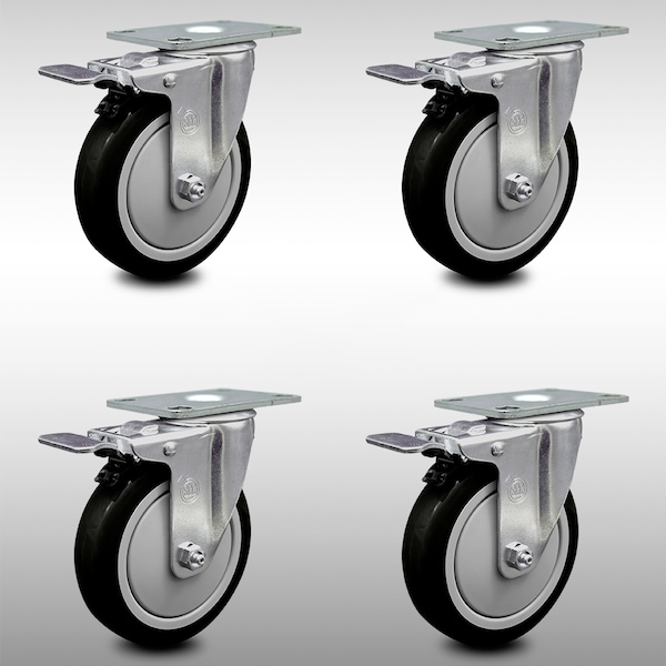 5 Inch SS Black Polyurethane Top Plate Caster Set Total Lock Brake SCC